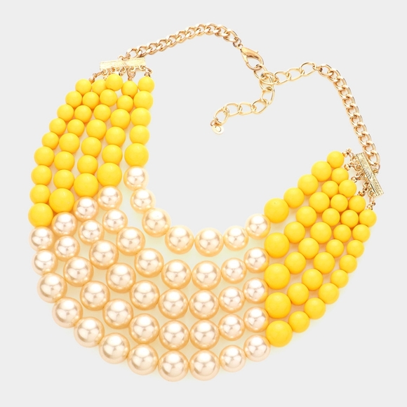 Multi Layered Mustard Yellow and Cream Pearls Necklace Set - Picture 2 of 4